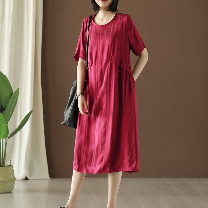 Natural o neck silk clothes Fashion Ideas burgundy striped Dresses summer - Omychic