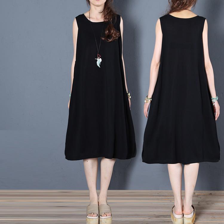Natural o neck sleeveless linen Robes Wardrobes black Dress summer - Omychic