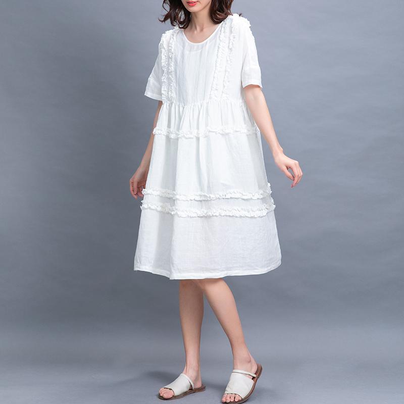 Natural o neck wrinkled Cotton quilting clothes linen white Dresses summer - Omychic