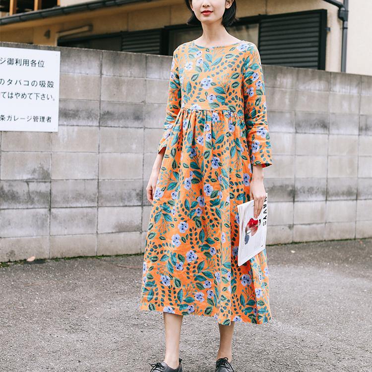 Natural o neck wrinkled linen Robes Casual Sleeve orange print Kaftan Dresses Summer - Omychic