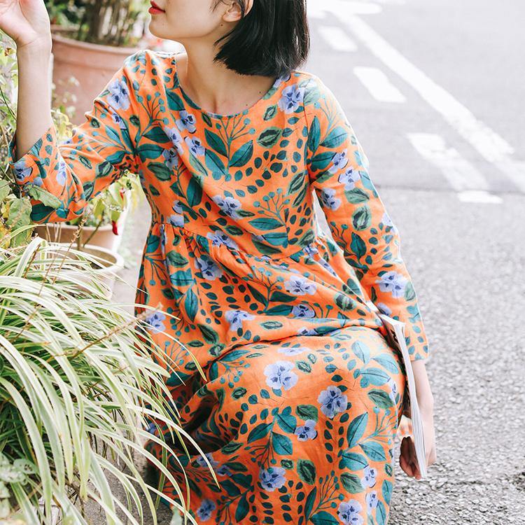 Natural o neck wrinkled linen Robes Casual Sleeve orange print Kaftan Dresses Summer - Omychic