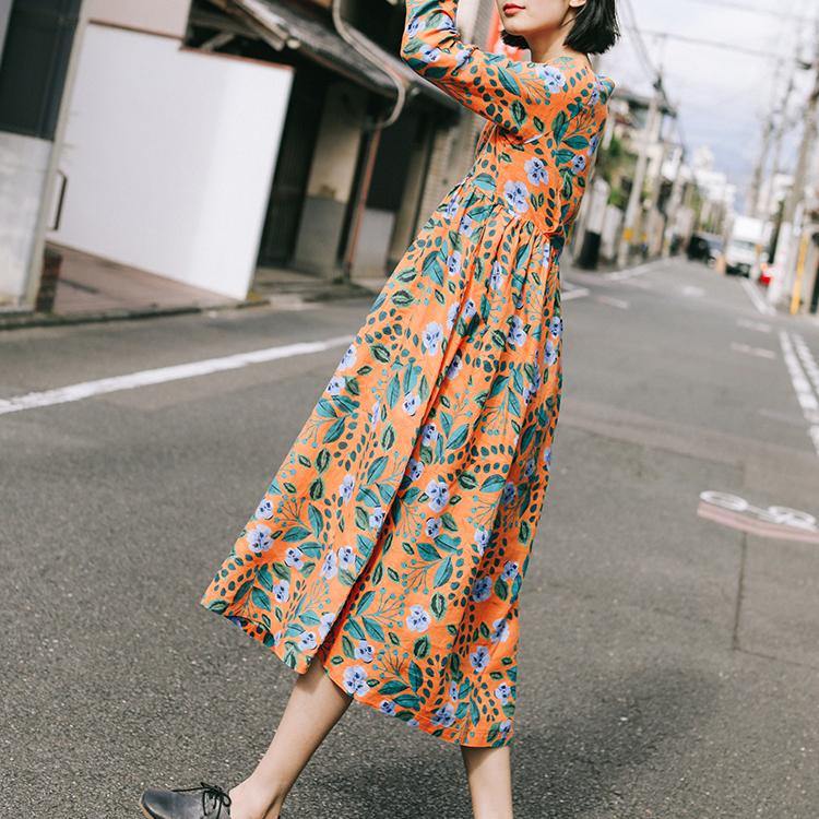 Natural o neck wrinkled linen Robes Casual Sleeve orange print Kaftan Dresses Summer - Omychic