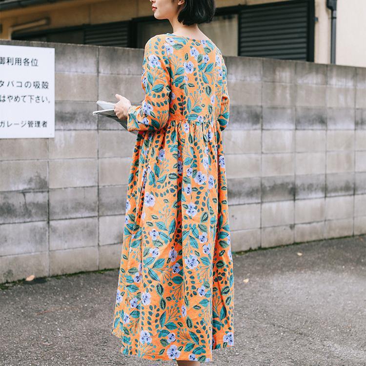 Natural o neck wrinkled linen Robes Casual Sleeve orange print Kaftan Dresses Summer - Omychic