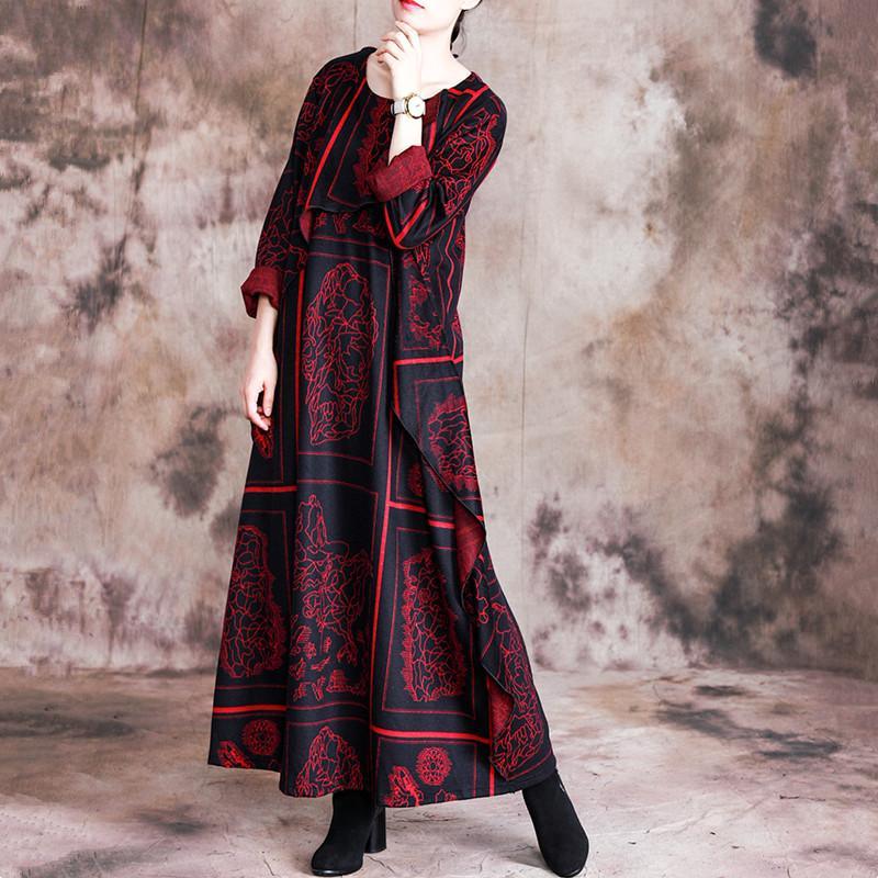 Natural patchwork cotton fall clothes Women Shirts red prints Vestidos De Lino Dress - Omychic