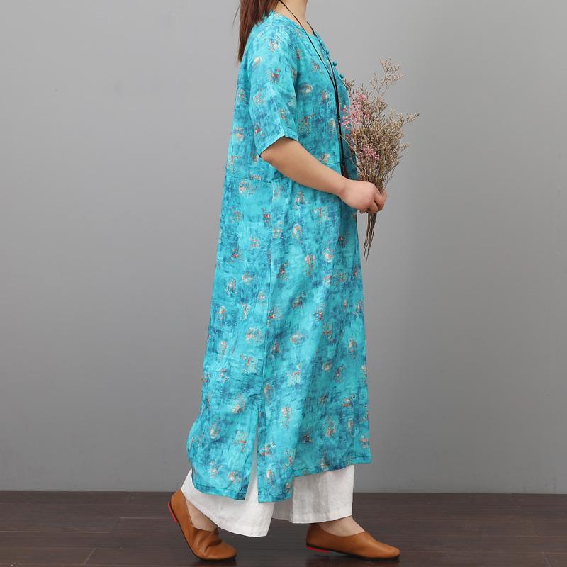Natural patchwork embroidery  linen Wardrobes Inspiration blue print Dress summer - Omychic
