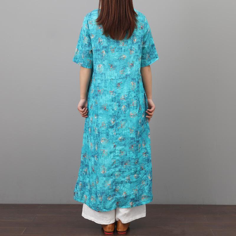 Natural patchwork embroidery  linen Wardrobes Inspiration blue print Dress summer - Omychic