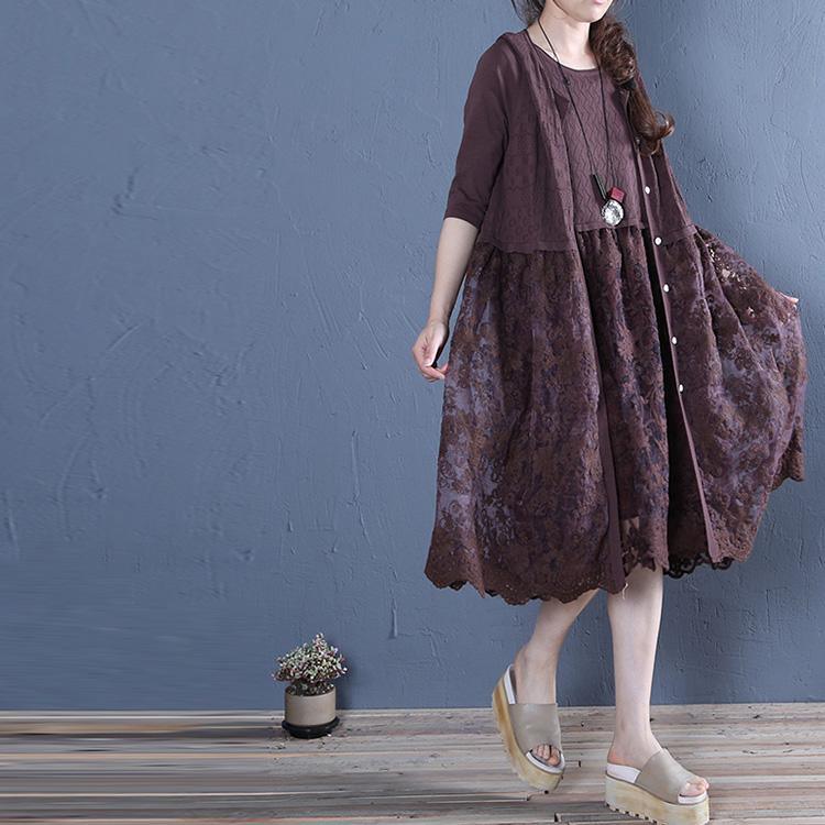Natural patchwork linen cotton outwear chocolate summer - Omychic