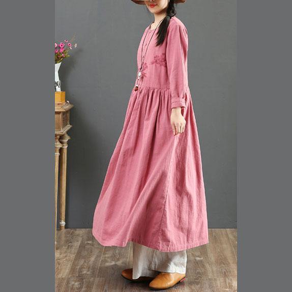 Natural pink cotton dress embroidery o neck Traveling summer Dress - Omychic