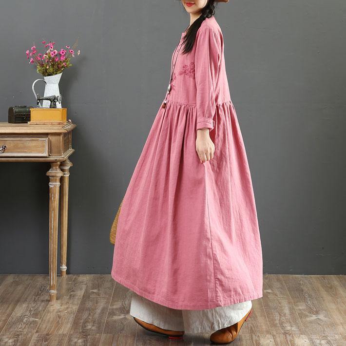 Natural pink cotton dress embroidery o neck Traveling summer Dress - Omychic