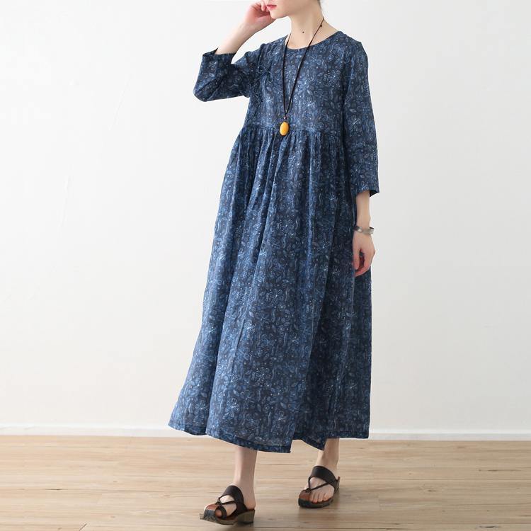 Natural prints linen clothes Tutorials blue Dresses fall - Omychic
