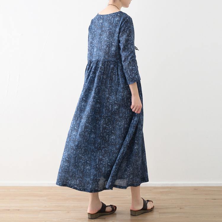 Natural prints linen clothes Tutorials blue Dresses fall - Omychic