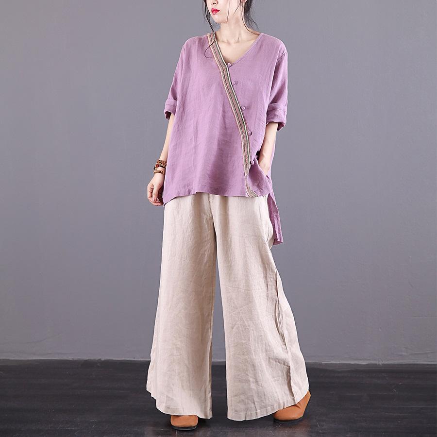 Natural purple linen blouses for women v neck asymmetric patchwork Knee summer blouses - Omychic