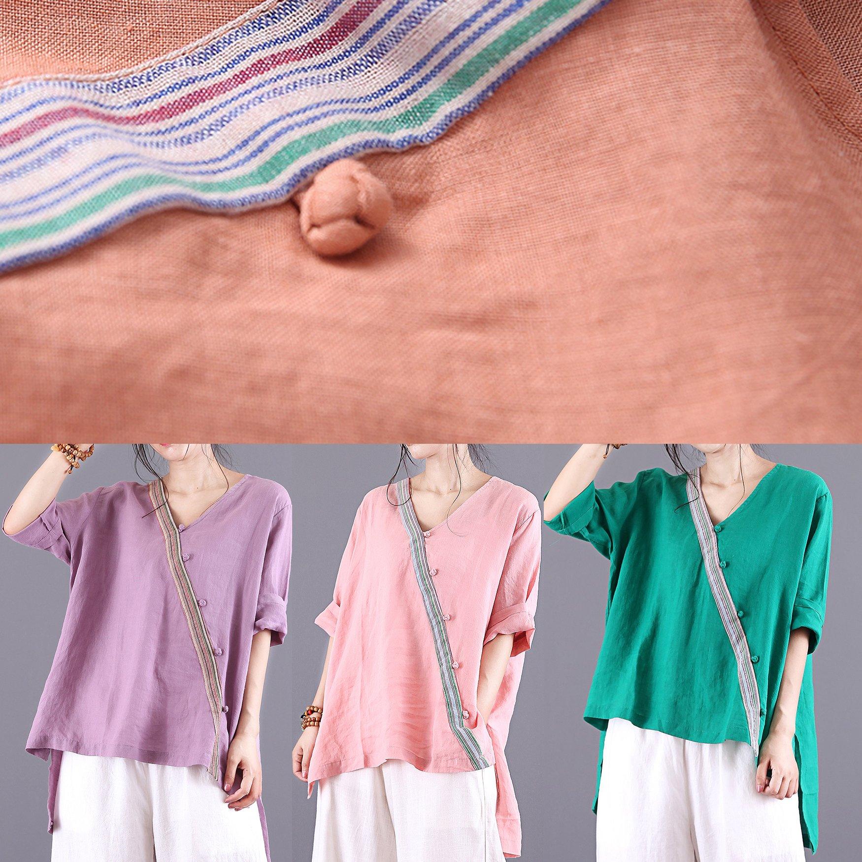 Natural purple linen blouses for women v neck asymmetric patchwork Knee summer blouses - Omychic
