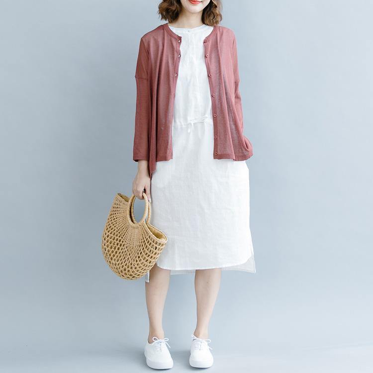 Natural red linen clothes 18th Century Work stand collar loose Dresses - Omychic