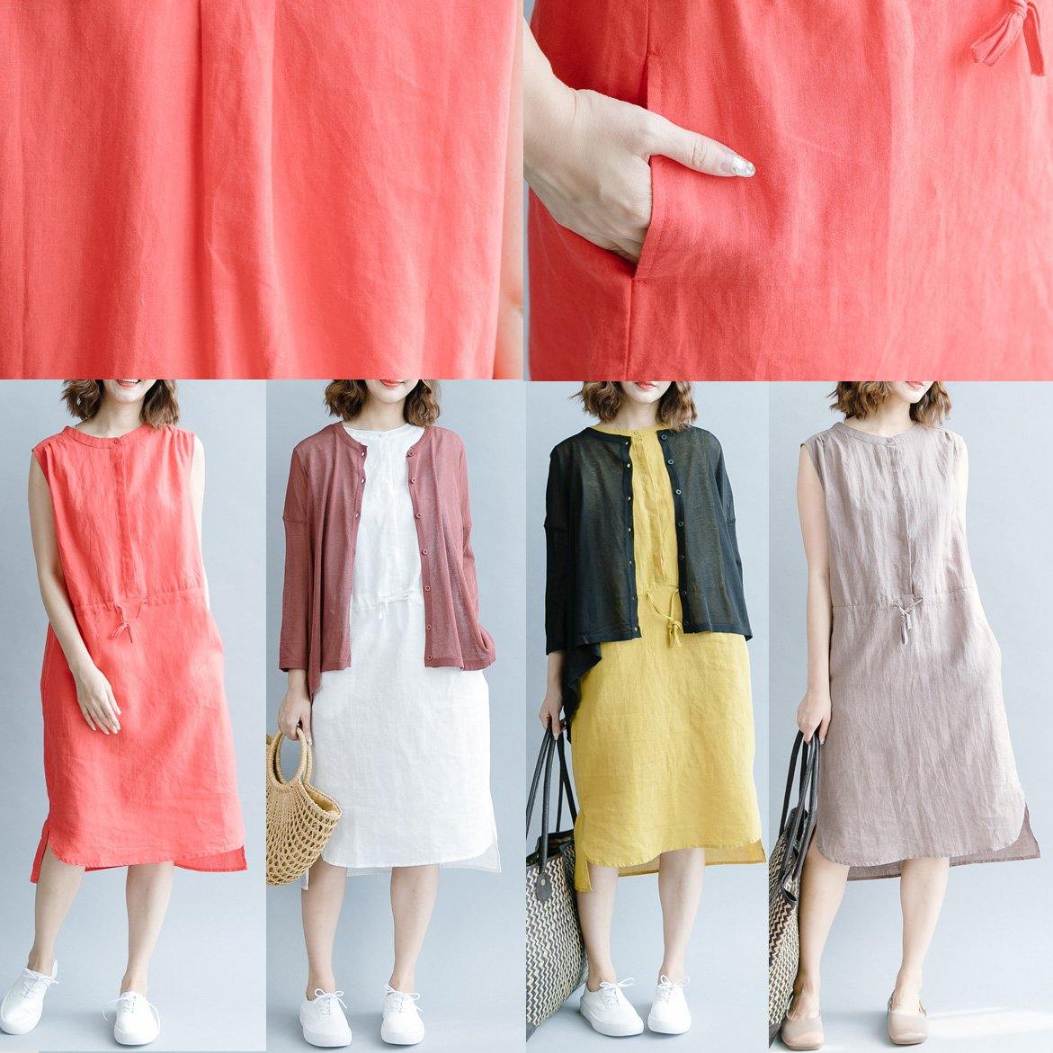Natural red linen clothes 18th Century Work stand collar loose Dresses - Omychic