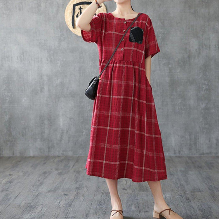 Natural red plaid linen cotton clothes For Women o neck pockets Love summer Dresses - Omychic