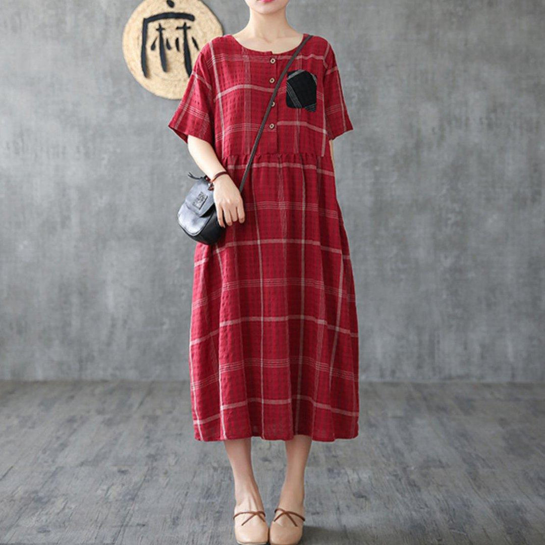 Natural red plaid linen cotton clothes For Women o neck pockets Love summer Dresses - Omychic