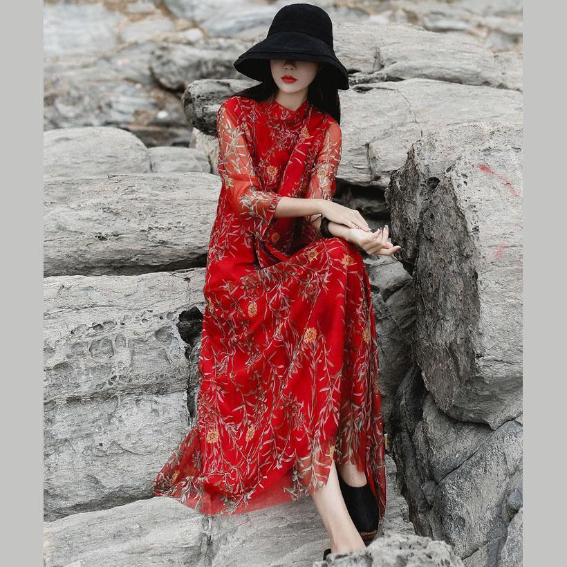 Natural red print chiffon clothes top quality stand collar false two pieces Vestidos De Lino Summer Dress - Omychic