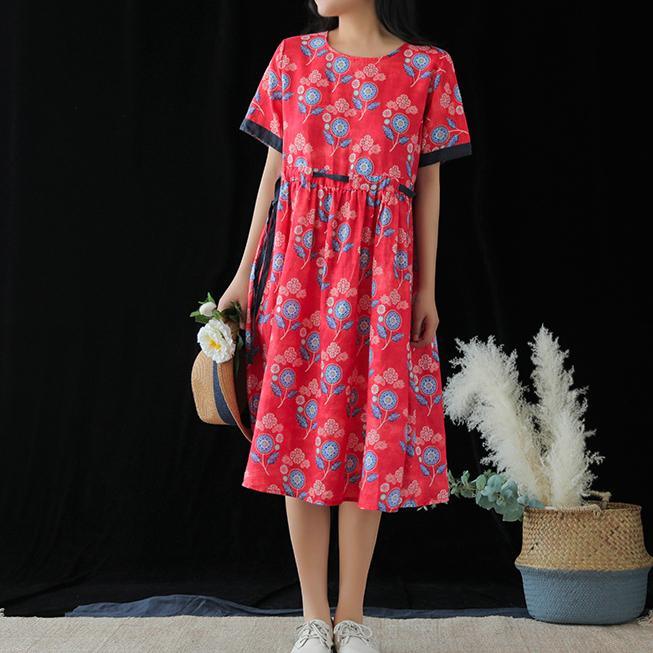 Natural red print linen Robes o neck tie waist A Line summer Dresses - Omychic