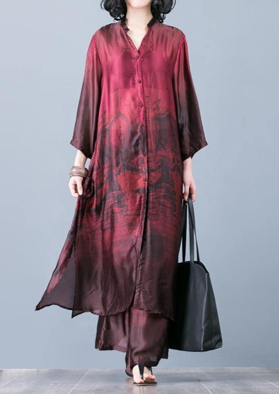 Natural Red Prints Silk Outfit Pakistani Pattern With Wide Leg Pants Oversized Summer Two Pieces Dresses - Omychic