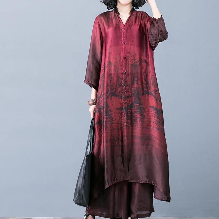 Natural Red Prints Silk Outfit Pakistani Pattern With Wide Leg Pants Oversized Summer Two Pieces Dresses - Omychic