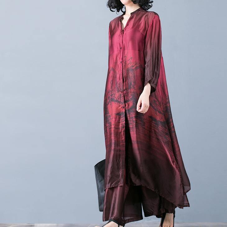 Natural Red Prints Silk Outfit Pakistani Pattern With Wide Leg Pants Oversized Summer Two Pieces Dresses - Omychic