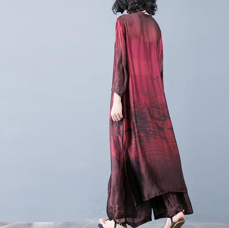 Natural Red Prints Silk Outfit Pakistani Pattern With Wide Leg Pants Oversized Summer Two Pieces Dresses - Omychic