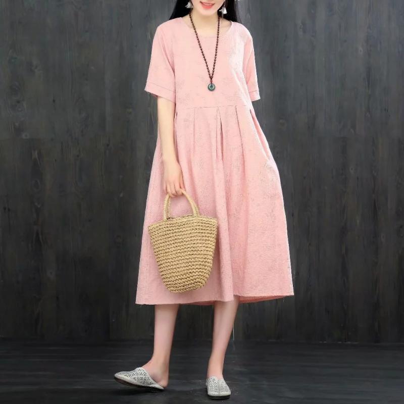 Natural short sleeve cotton linen Tunic Photography pink Dresses summer - Omychic