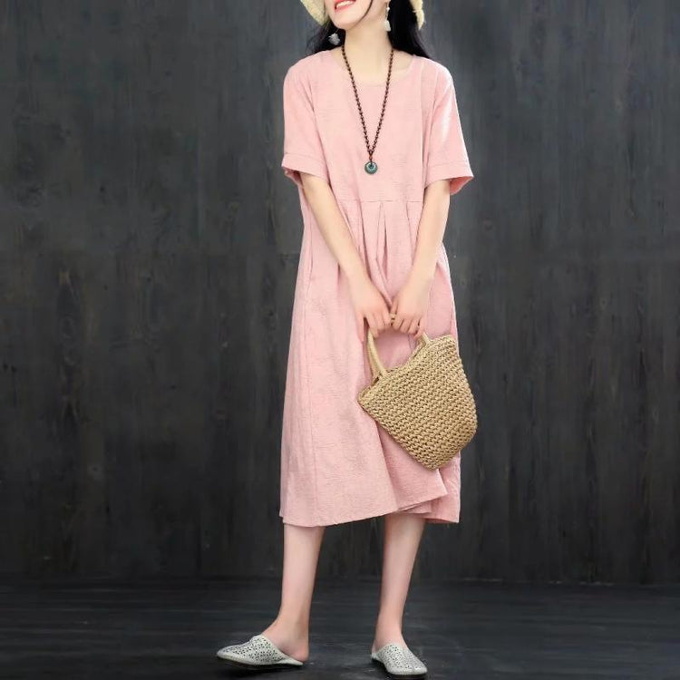 Natural short sleeve cotton linen Tunic Photography pink Dresses summer - Omychic