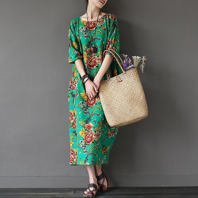 Natural short sleeve cotton linen summer clothes For Women Catwalk green prints Dresses - Omychic