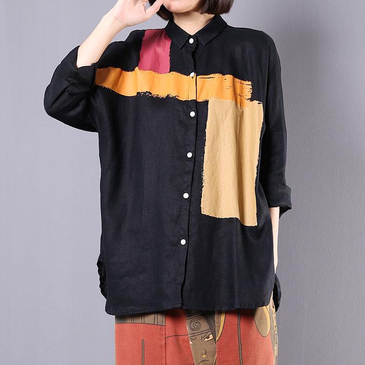 Natural side open linen Blouse Shirts black patchwork color top fall - Omychic
