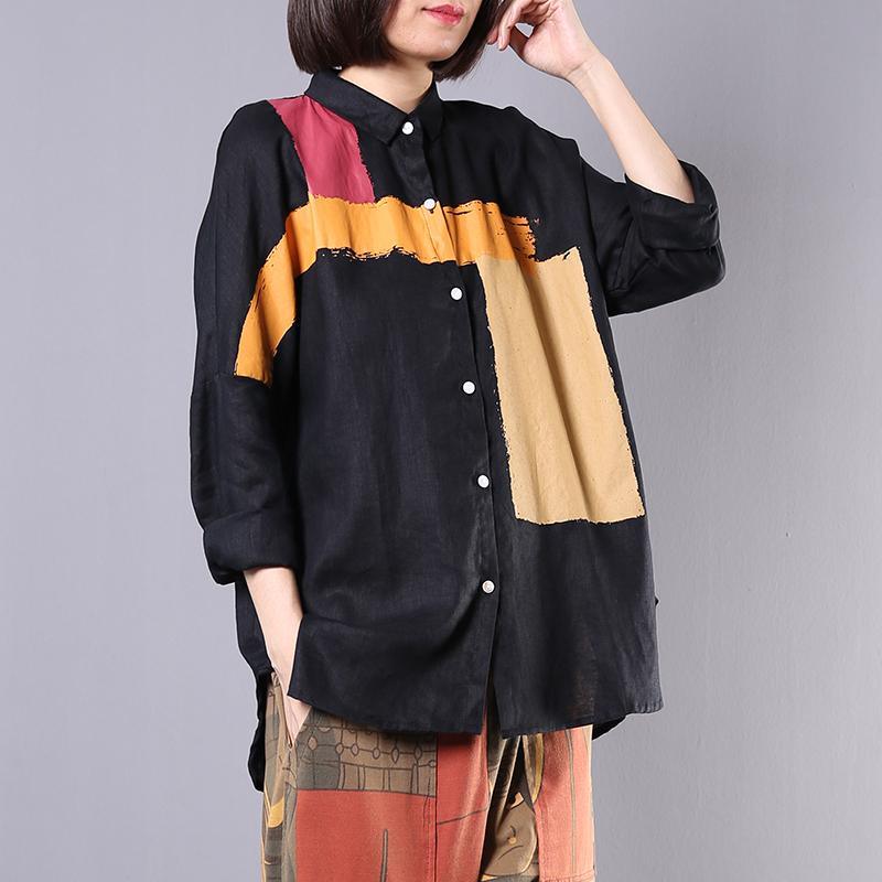 Natural side open linen Blouse Shirts black patchwork color top fall - Omychic