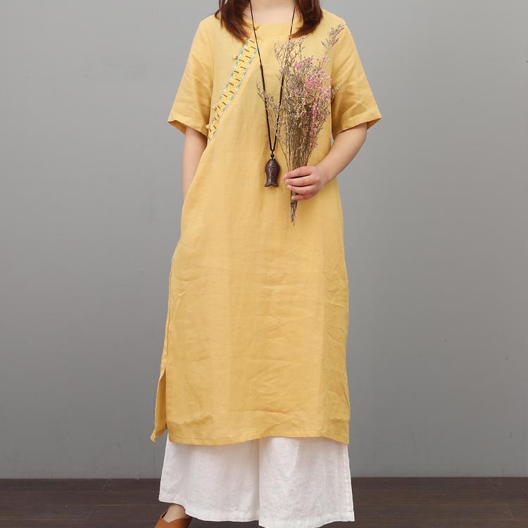 Natural side open linen dresses Work Outfits yellow short sleeve Dresses summer - Omychic