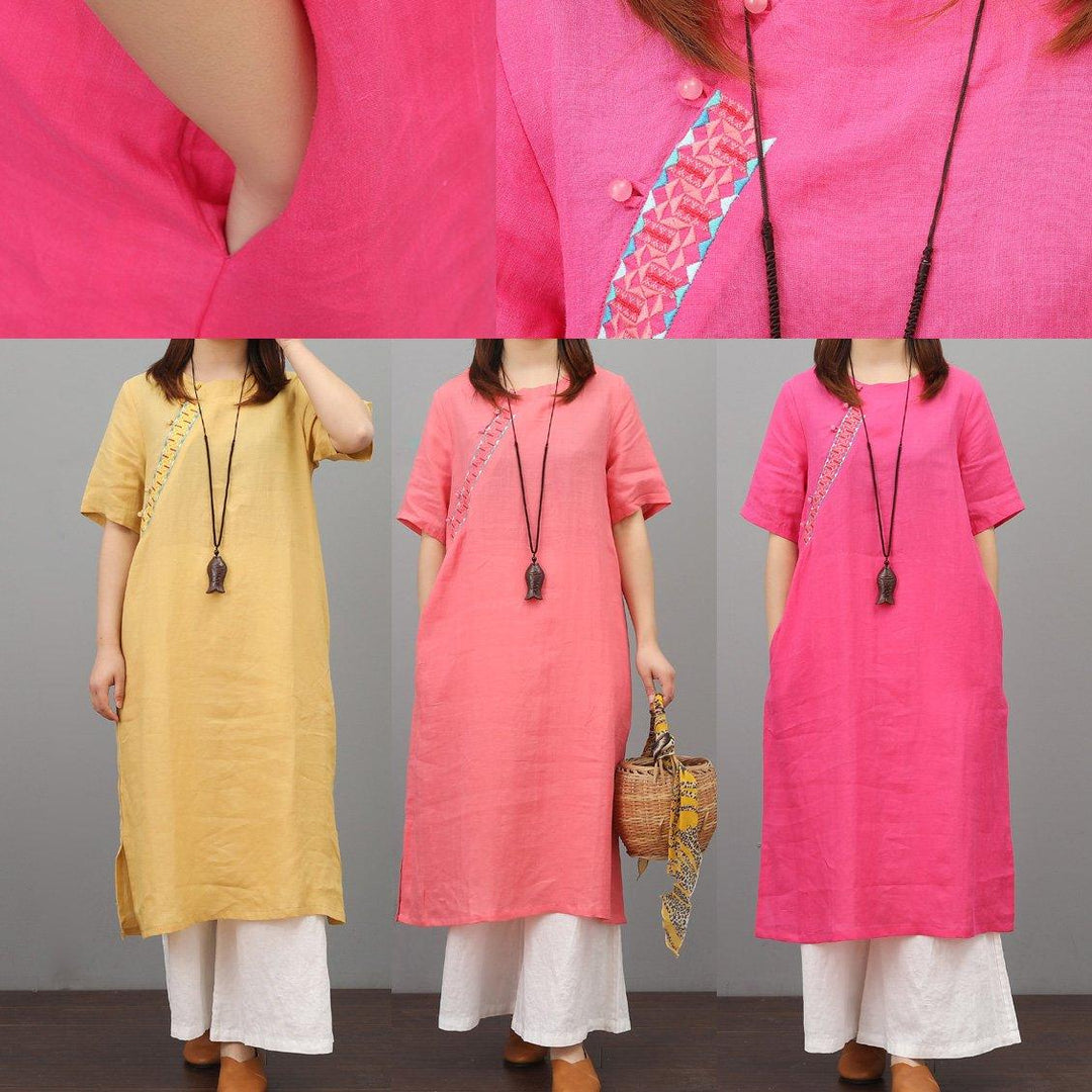 Natural side open linen dresses Work Outfits yellow short sleeve Dresses summer - Omychic