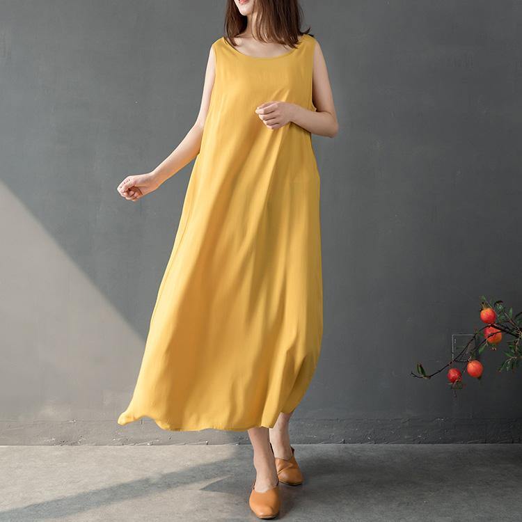 Natural sleeveless cotton Tunics Inspiration yellow Vestidos De Lino Dresses summer - Omychic