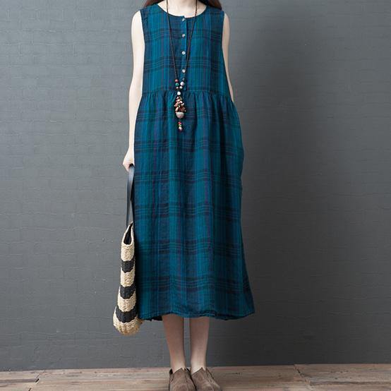 Natural sleeveless cotton dresses Catwalk blue plaid Robe Dresses summer - Omychic