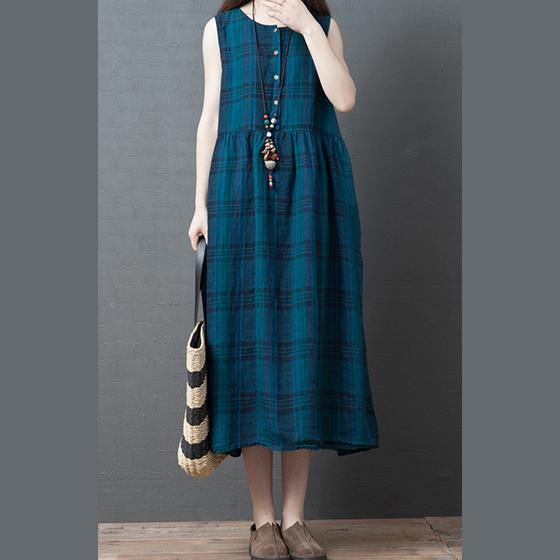 Natural sleeveless cotton dresses Catwalk blue plaid Robe Dresses summer - Omychic