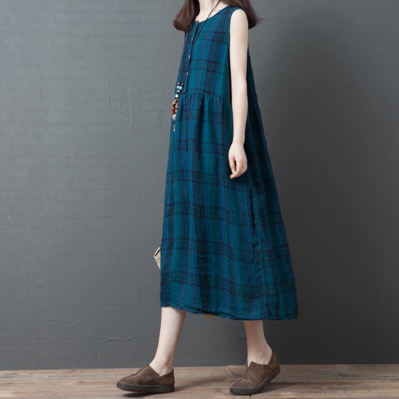 Natural sleeveless cotton dresses Catwalk blue plaid Robe Dresses summer - Omychic