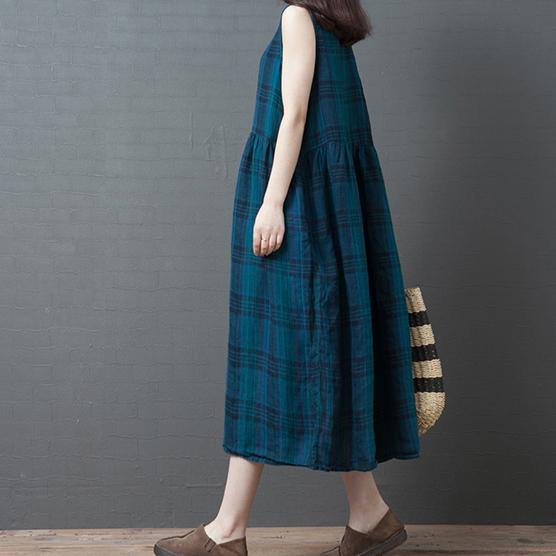 Natural sleeveless cotton dresses Catwalk blue plaid Robe Dresses summer - Omychic