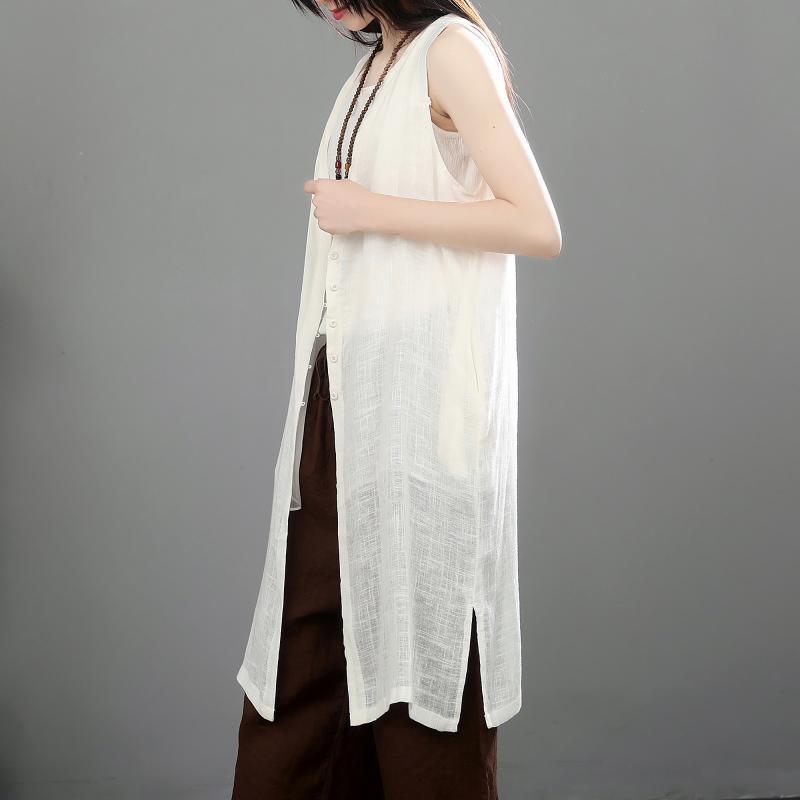 Natural sleeveless cotton linen clothes white baggy shirt summer - Omychic