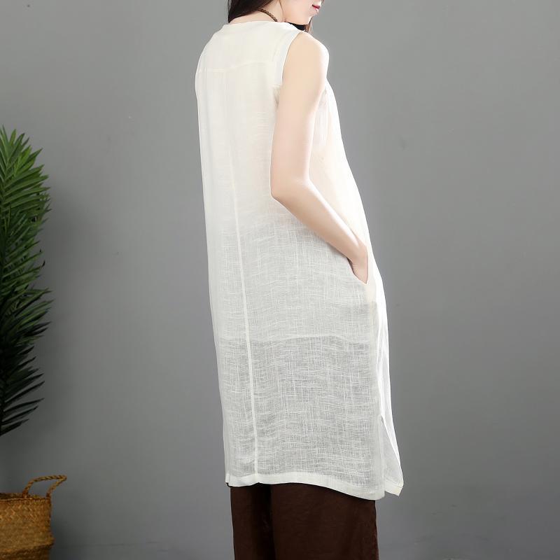 Natural sleeveless cotton linen clothes white baggy shirt summer - Omychic