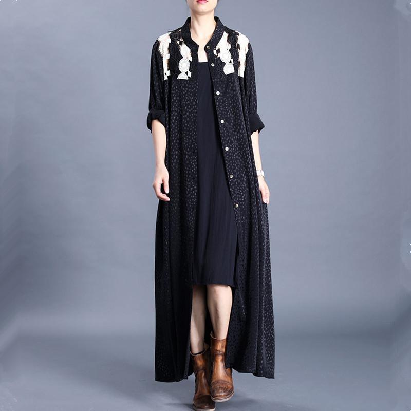 Natural stand collar Button Down Fashion maxi coat black patchwork yellow baggy cardigan - Omychic