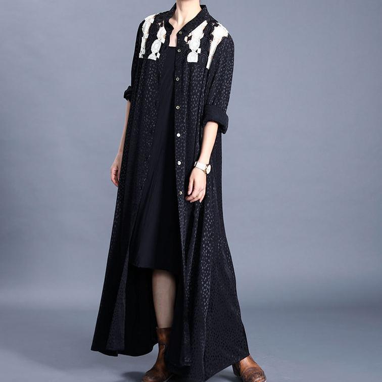 Natural stand collar Button Down Fashion maxi coat black patchwork yellow baggy cardigan - Omychic