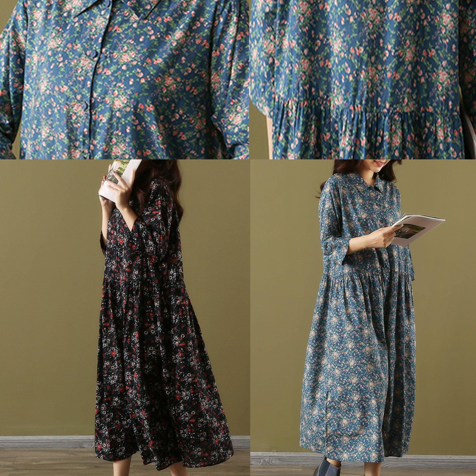 Natural stand collar large hem cotton Robes blue print Dresses summer - Omychic