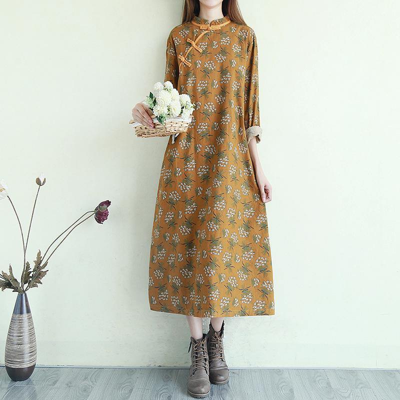 Natural stand collar linen fall clothes Inspiration khaki floral Dress - Omychic