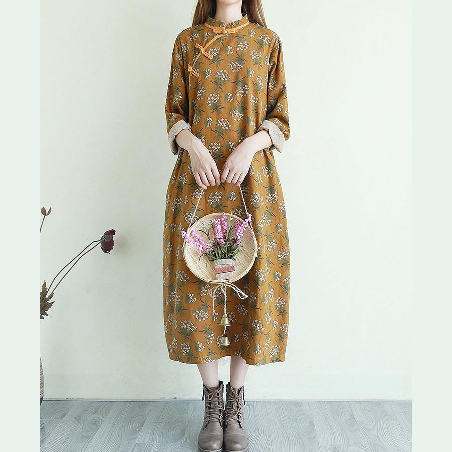 Natural stand collar linen fall clothes Inspiration khaki floral Dress - Omychic