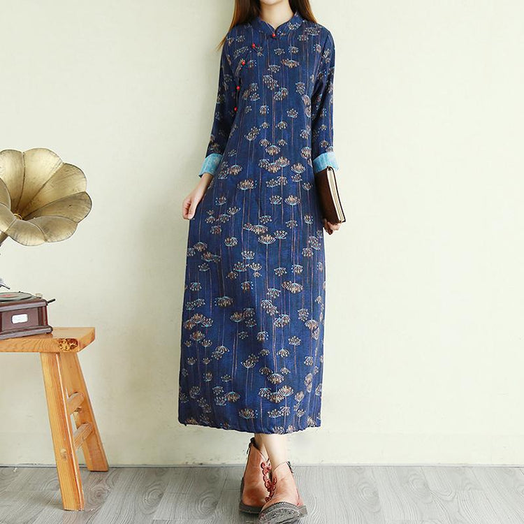 Natural stand collar linen winter clothes Sleeve navy prints Dress - Omychic