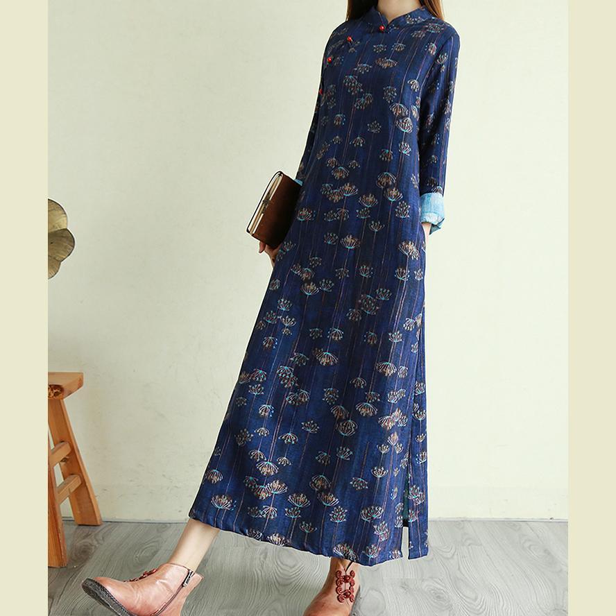 Natural stand collar linen winter clothes Sleeve navy prints Dress - Omychic