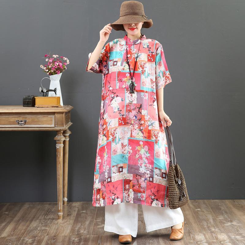 Natural stand collar pockets linen dresses Boho Wardrobes pink print loose Dress Summer - Omychic