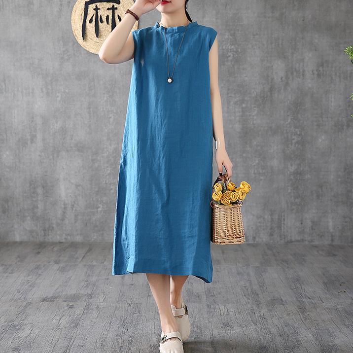 Natural stand collar sleeveless linen summer clothes For Women Inspiration blue Dresses - Omychic